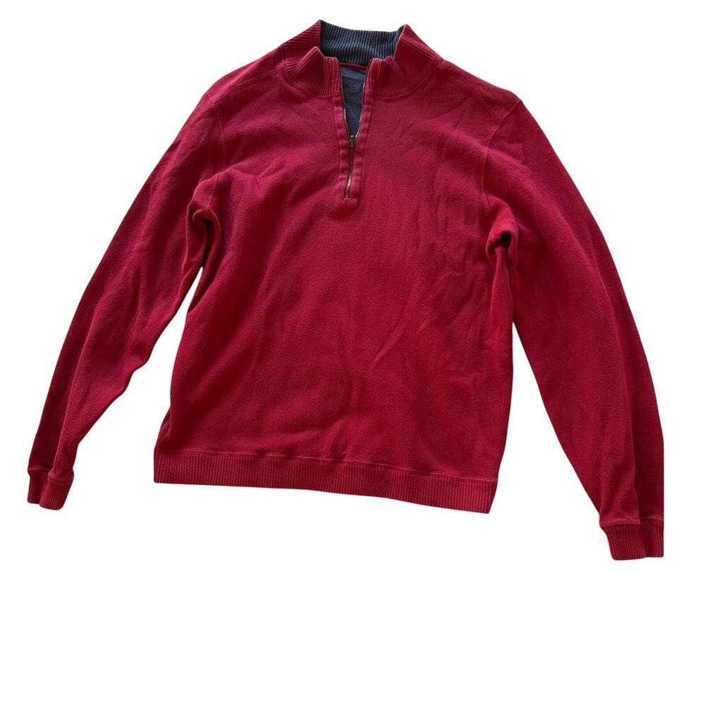 Mens Red Quarter Zip Pullover Knit Sweater Ribbed Trim Long Sleeve